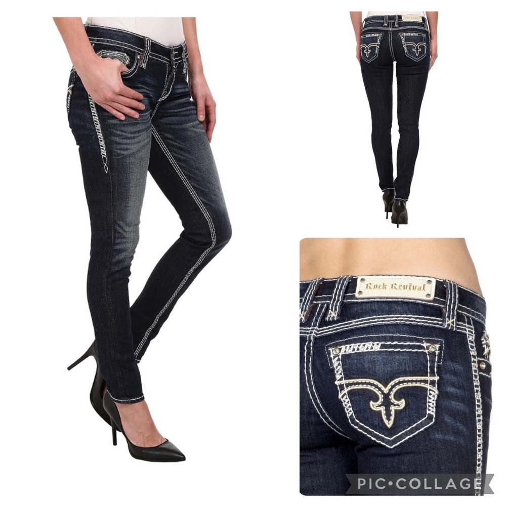 Rock Revival Erin gemstone sequin Dark wash easy Skinny Jean Like new! 24